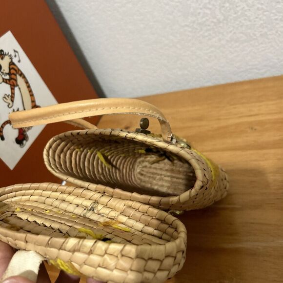 Vintage 1970s Woven Straw Leather Handbag Straw Flower Clusters Yarn Leaves - Picture 7 of 12